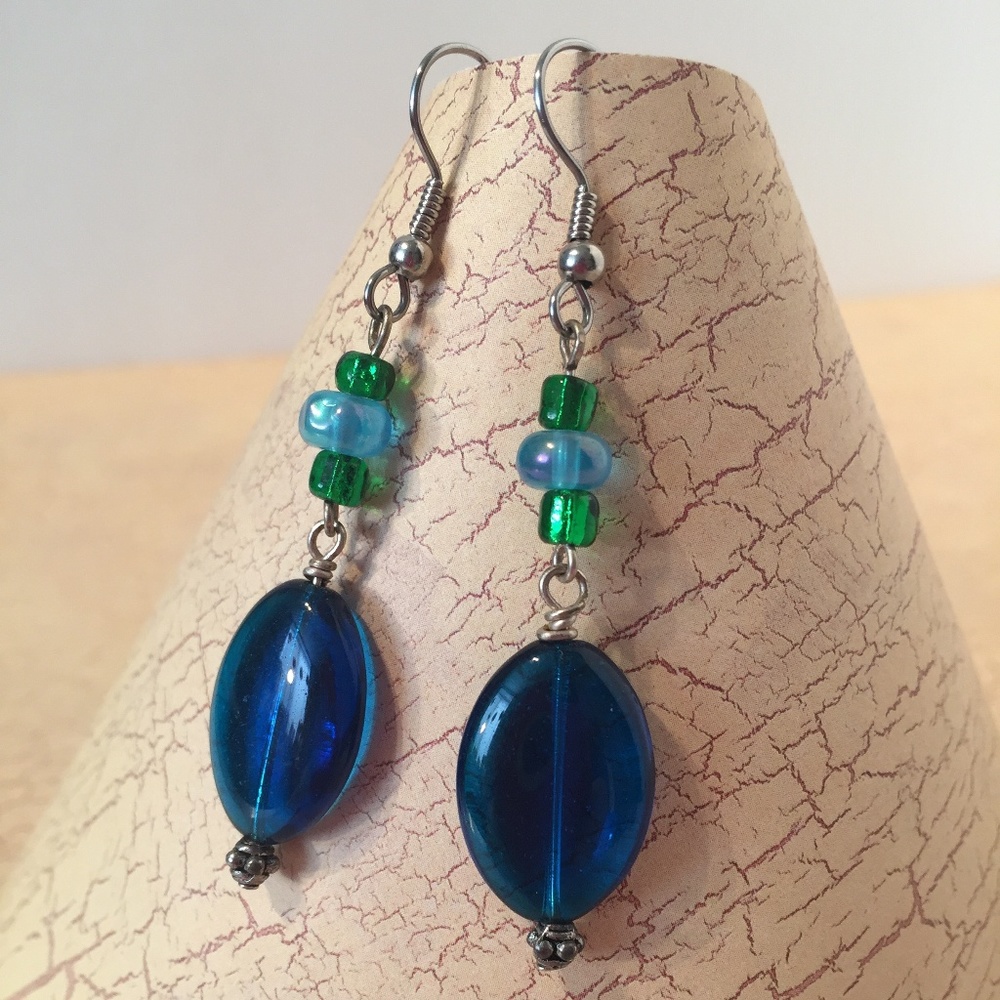 Blue and Green Oval Drop Earrings